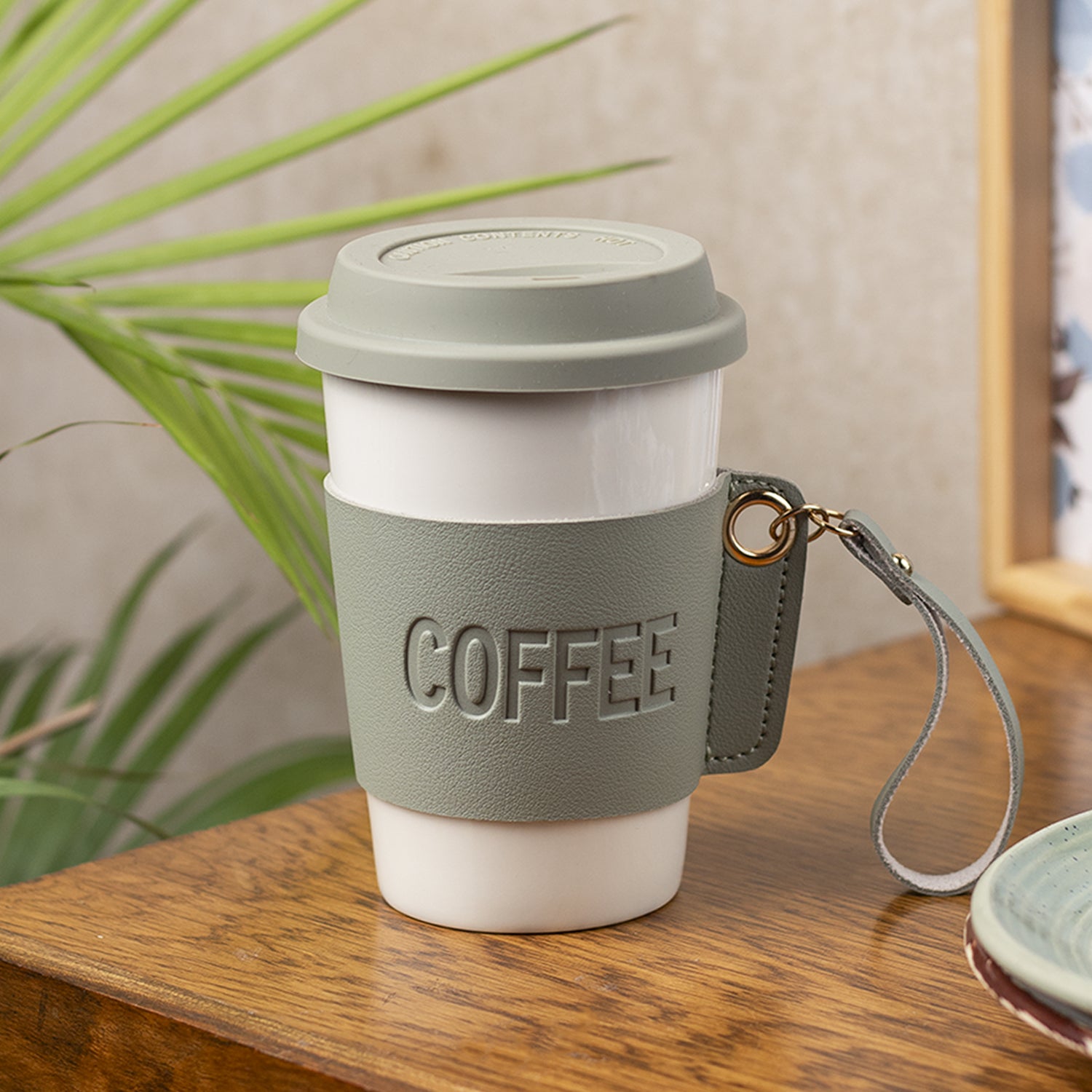 Olive Ceramic Sipper - Leather Grip, 350 Ml