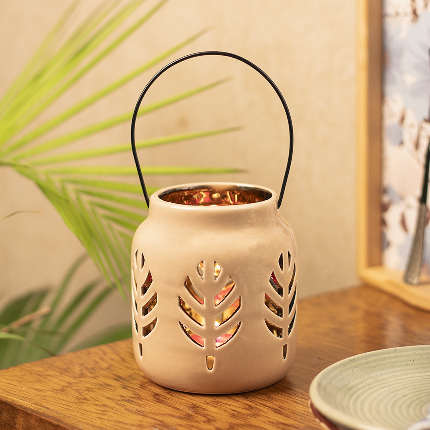 White Ceramic T-Lite Holder - Leafy Pattern, Candle Holder