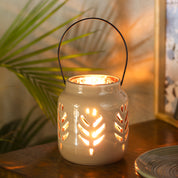 White Ceramic T-Lite Holder - Leafy Pattern, Candle Holder