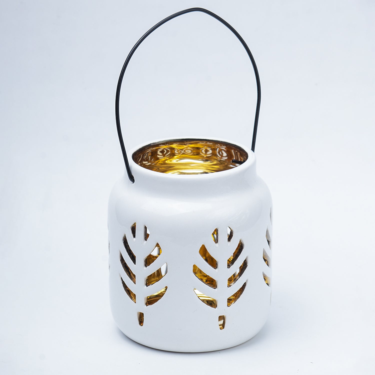 White Ceramic T-Lite Holder - Leafy Pattern, Candle Holder