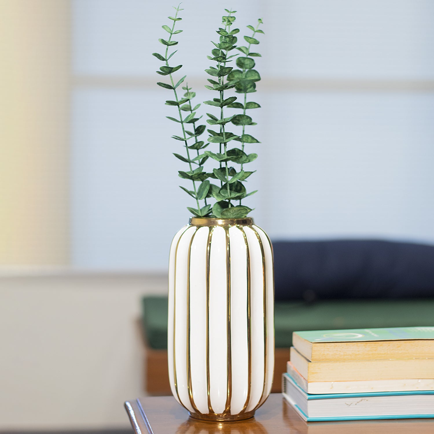 White Ceramic Vase - Ribbed Design, Flower Holder