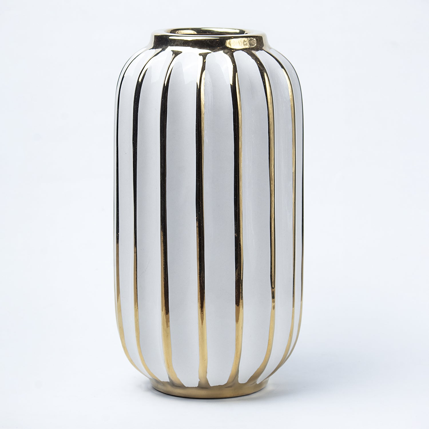 White Ceramic Vase - Ribbed Design, Flower Holder