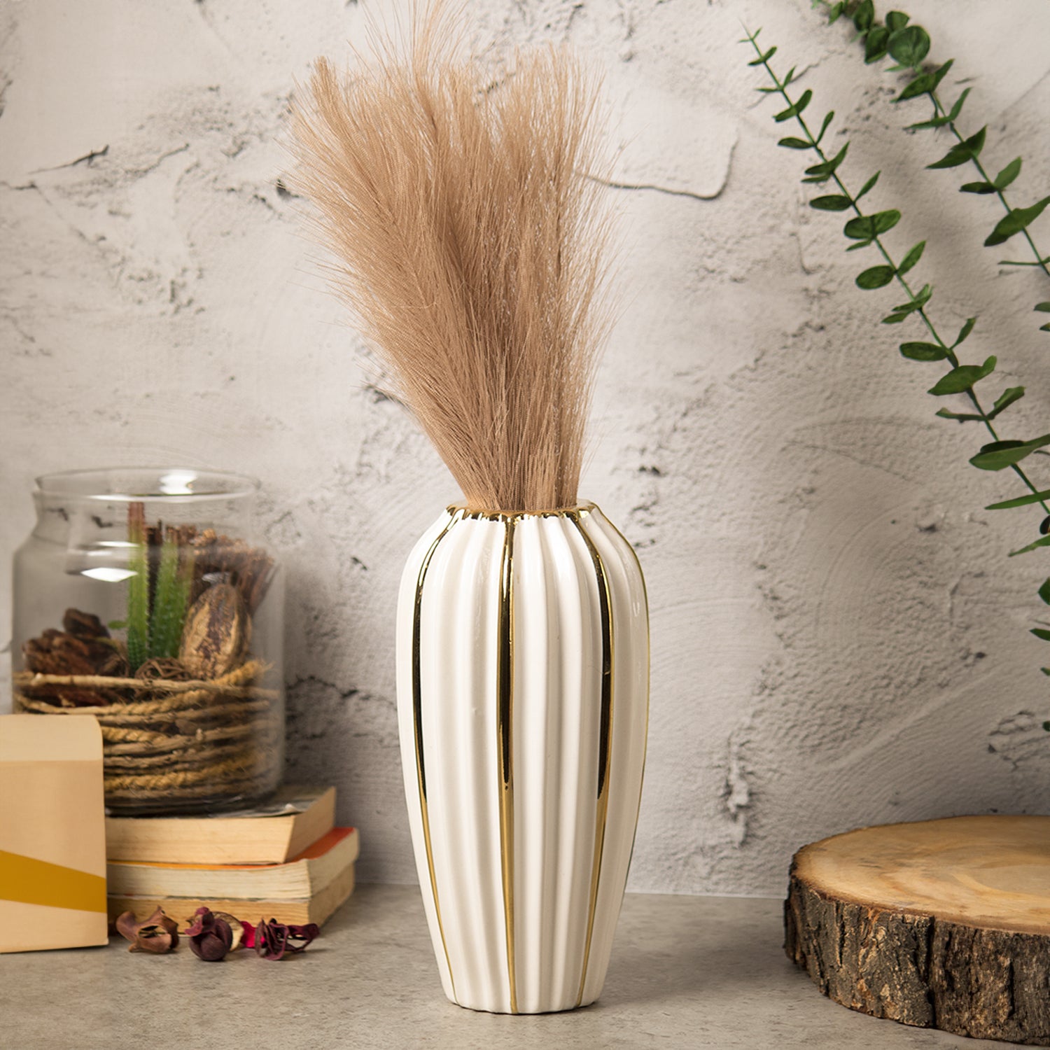 Grey Ceramic Vase - Ribbed Design, Flower Holder