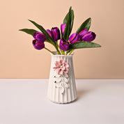 Off White Ceramic Vase - Engraved Floral Pattern, Flower Holder