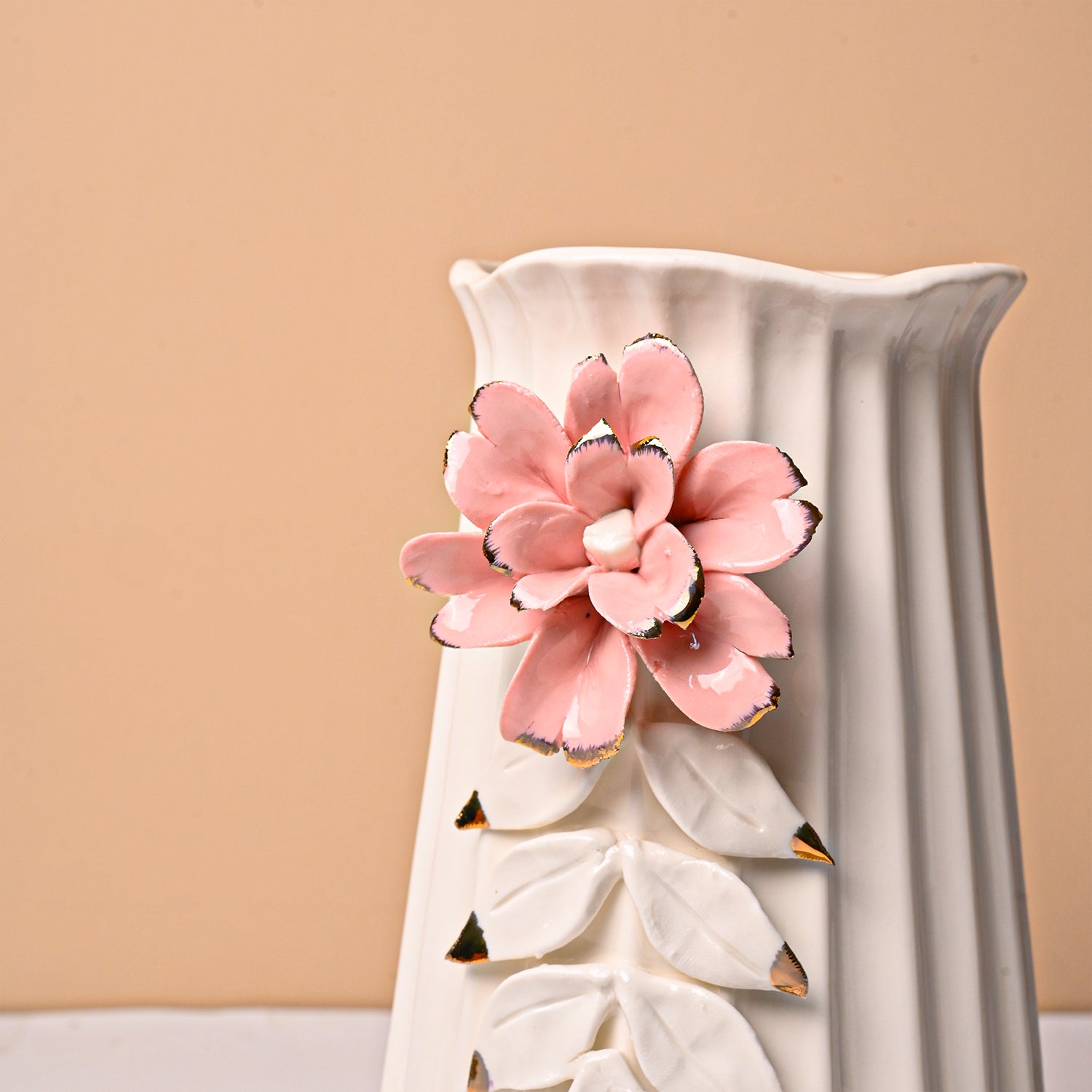 Off White Ceramic Vase - Engraved Floral Pattern, Flower Holder
