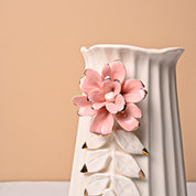 Off White Ceramic Vase - Engraved Floral Pattern, Flower Holder