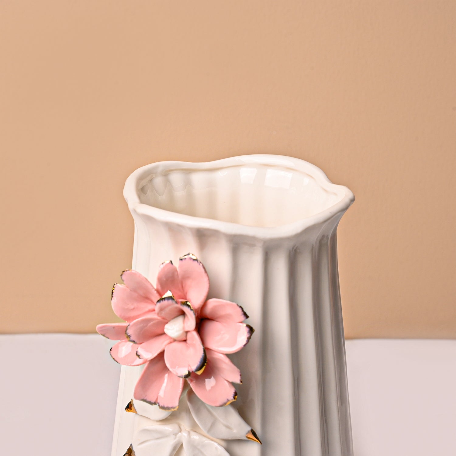 Off White Ceramic Vase - Engraved Floral Pattern, Flower Holder