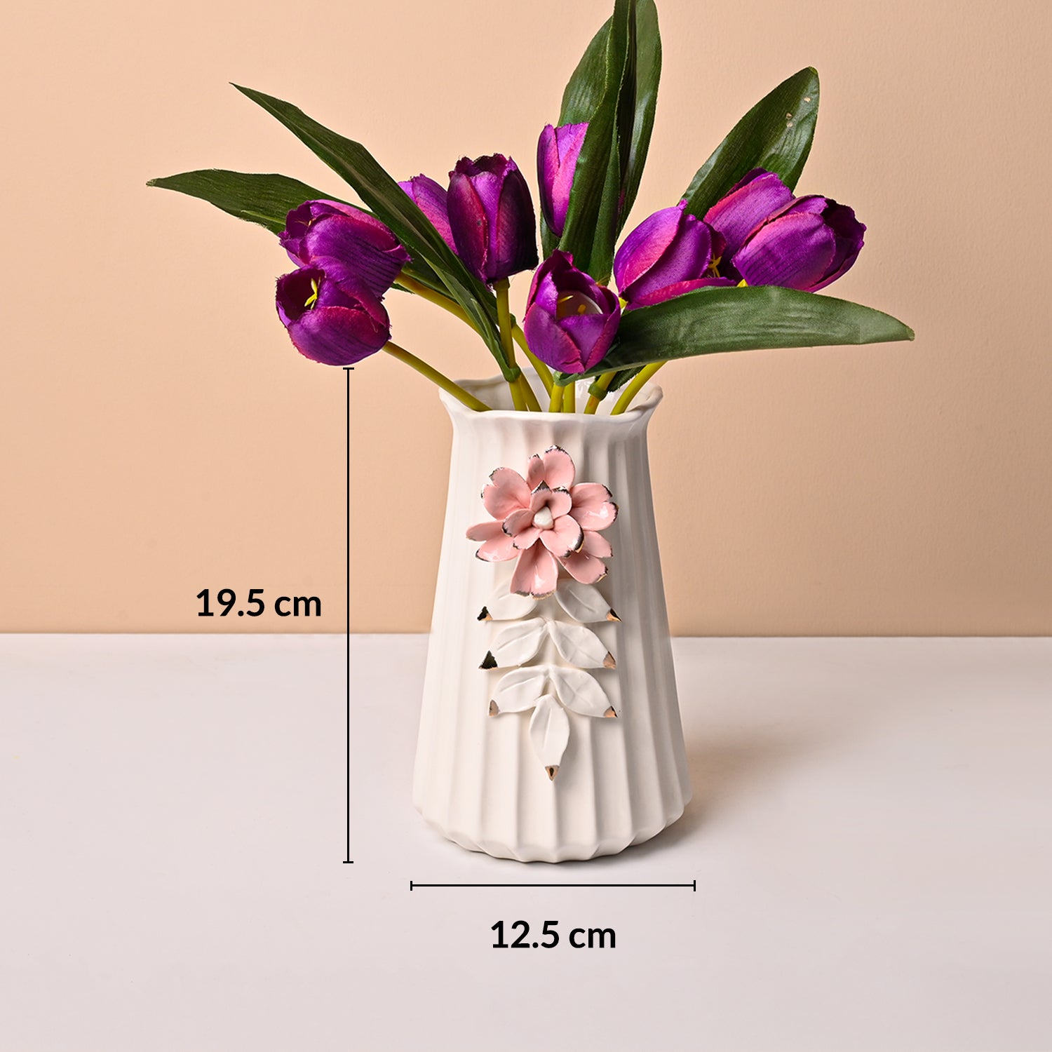 Off White Ceramic Vase - Engraved Floral Pattern, Flower Holder
