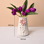 Off White Ceramic Vase - Engraved Floral Pattern, Flower Holder