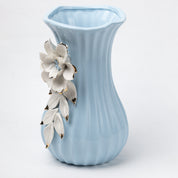 Blue Ceramic Curvy Vase - Engraved Floral Pattern, Flower Holder