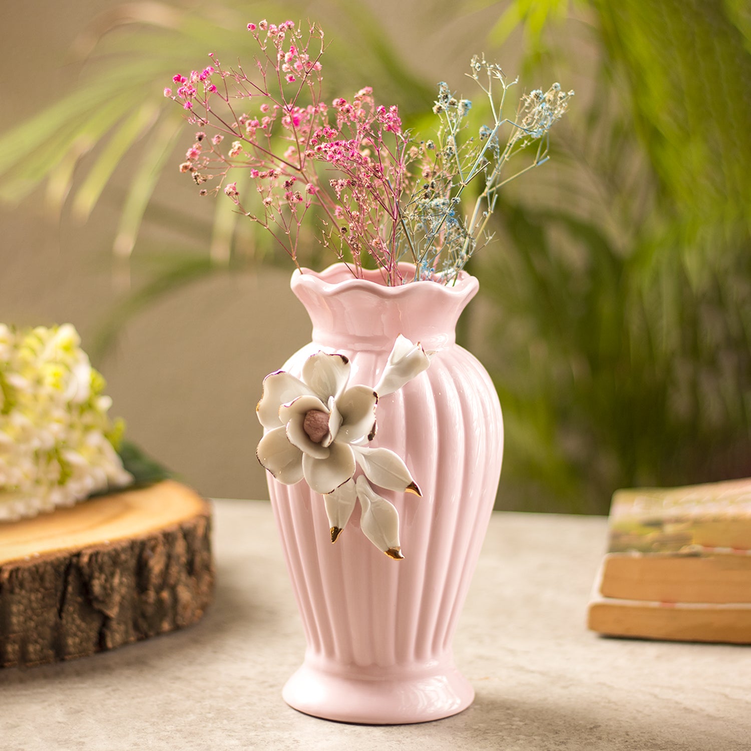 Light Pink Ceramic Curvy Vase Engraved Floral Pattern, Flower Holder
