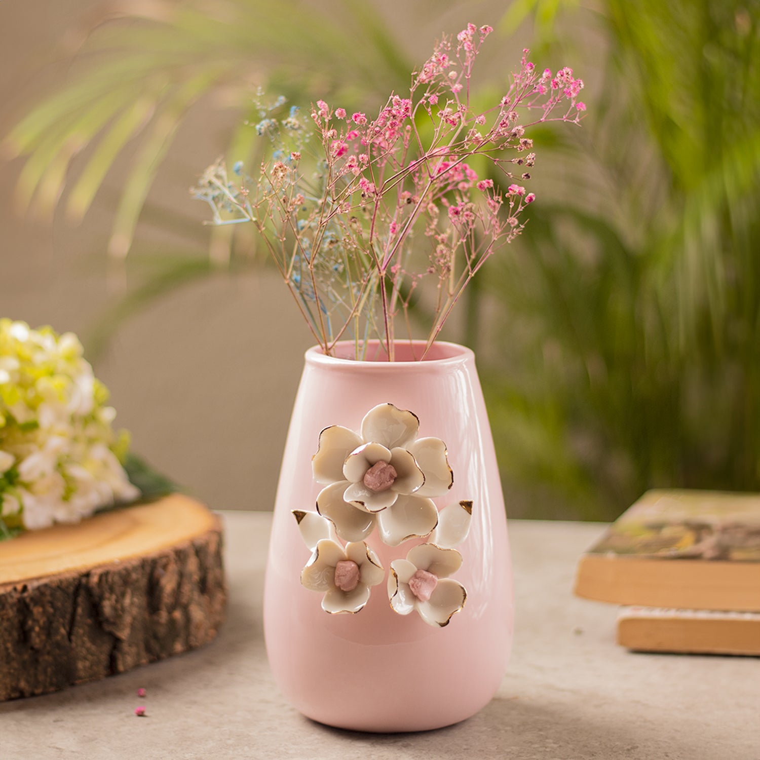 Pink Ceramic Vase - Engraved Floral & Ribbed Pattern, Flower Holder