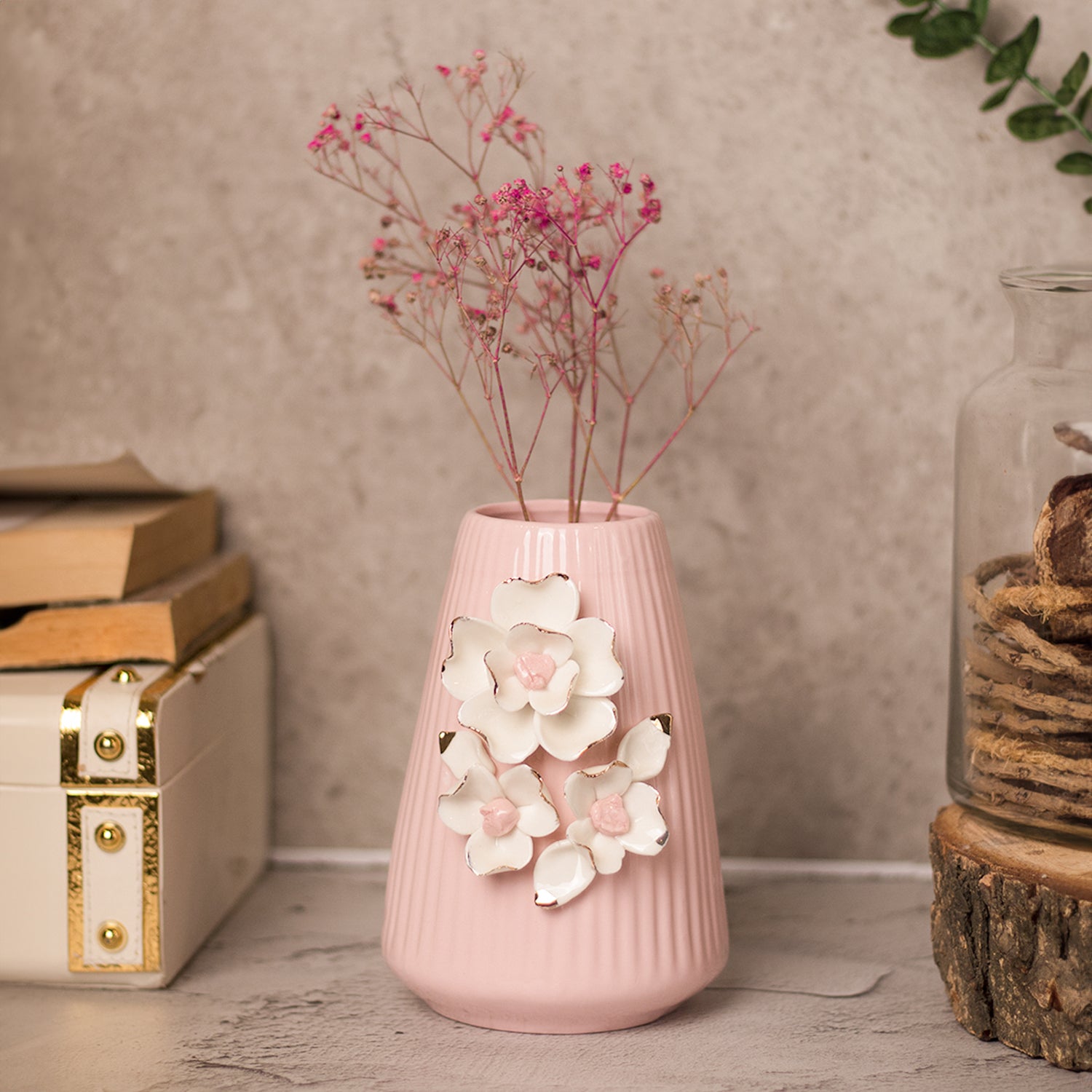 Pink Ceramic Vase - Engraved Floral Pattern, Flower Holder