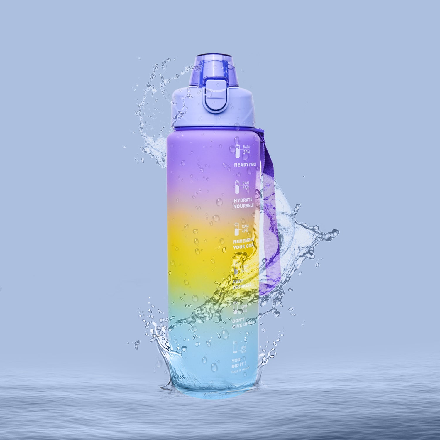 Motivational Sipper Travel Water Bottle, Purple-Yellow-Blue, 1 Liter