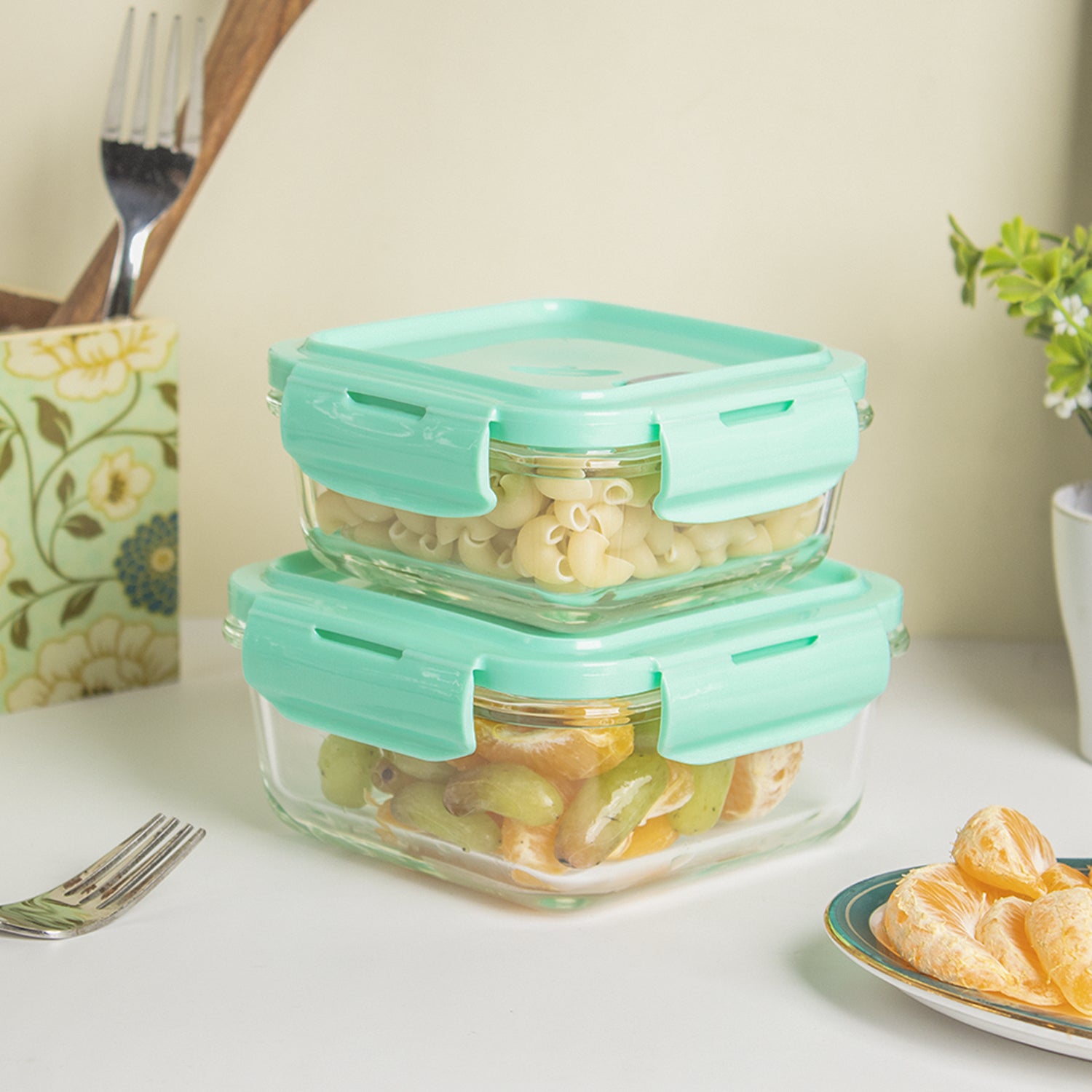 Borosilicate Food Containers (Pack of 2 - 340ml & 570ml) Green Lid