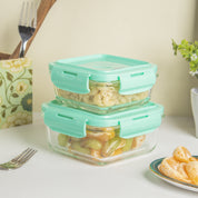 Borosilicate Food Containers (Pack of 2 - 340ml & 570ml) Green Lid