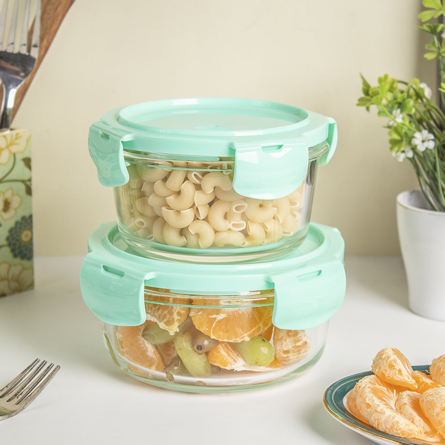 Borosilicate Food Containers (Pack of 2 - 410ml & 570ml) Green Lid
