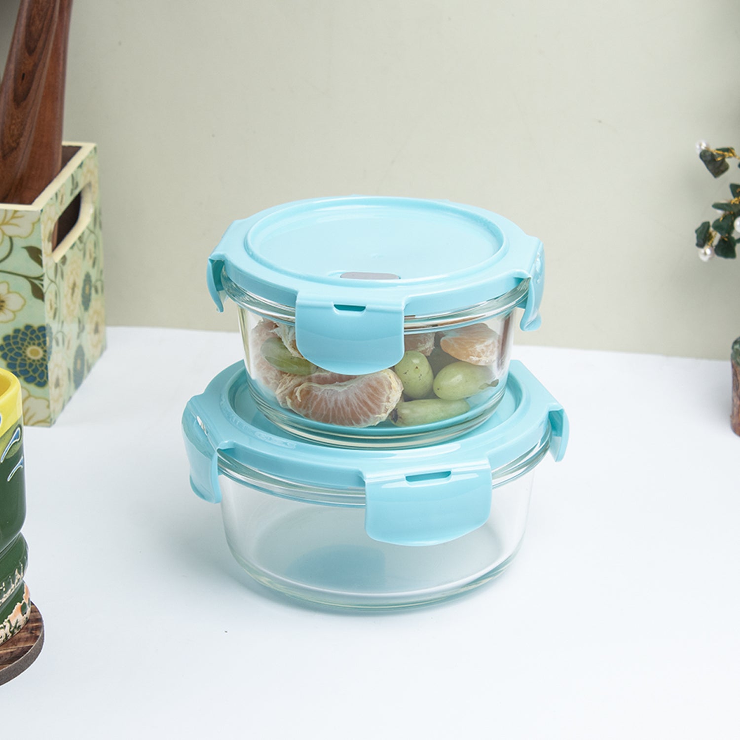 Borosilicate Food Containers (Pack of 2 - 410ml & 570ml) Blue Lid