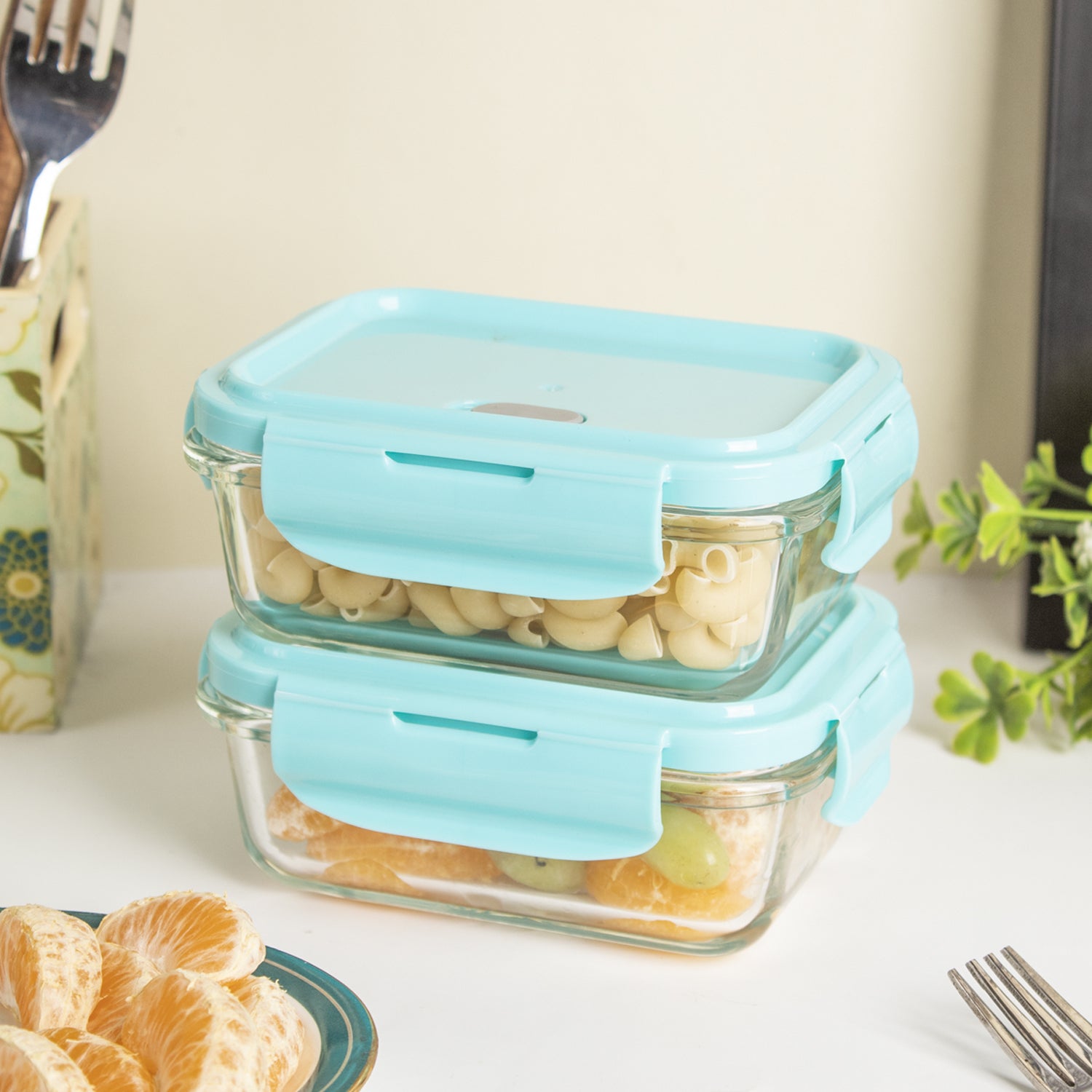 Borosilicate Food Containers (Pack of 2 - 330ml) Blue Lid