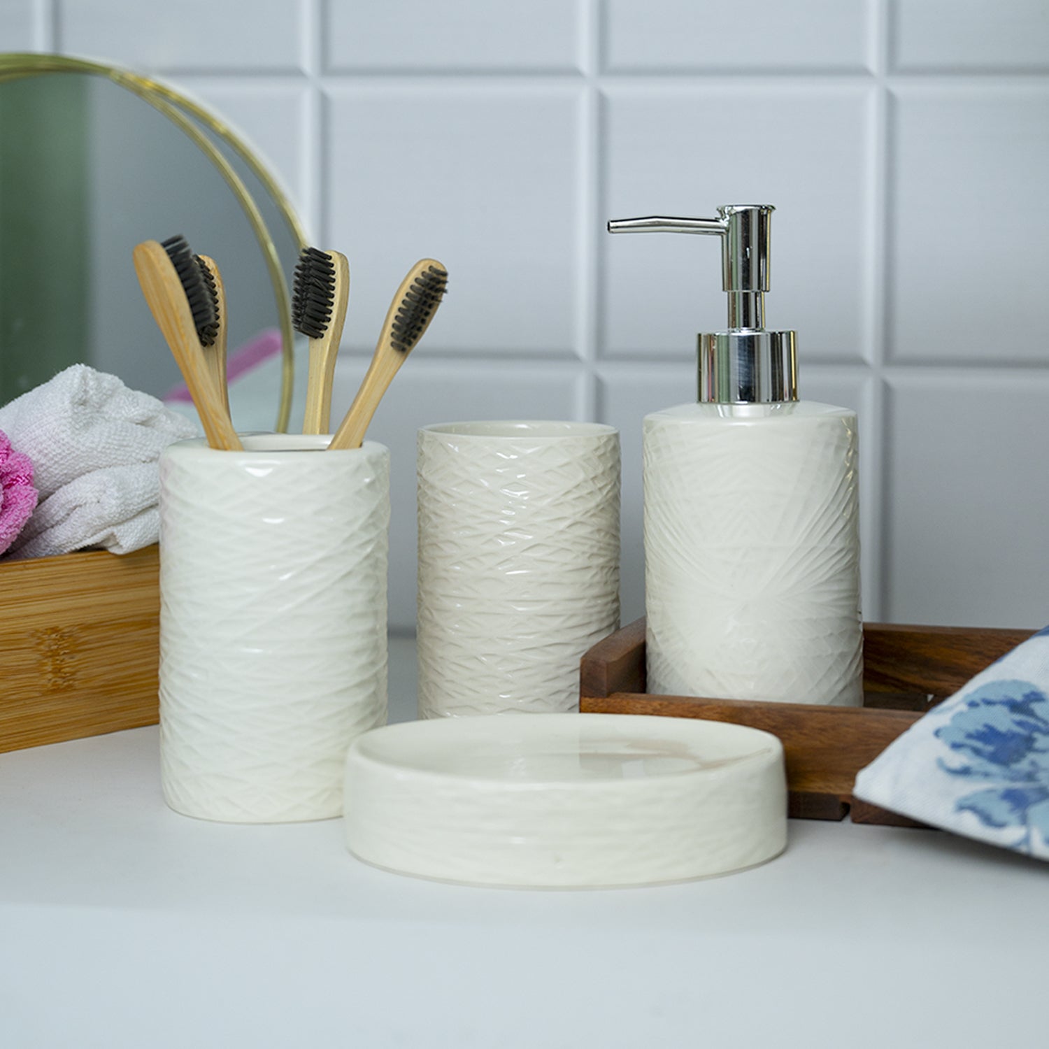 White Ceramic Bathroom Set - Matte, Geometric Pattern