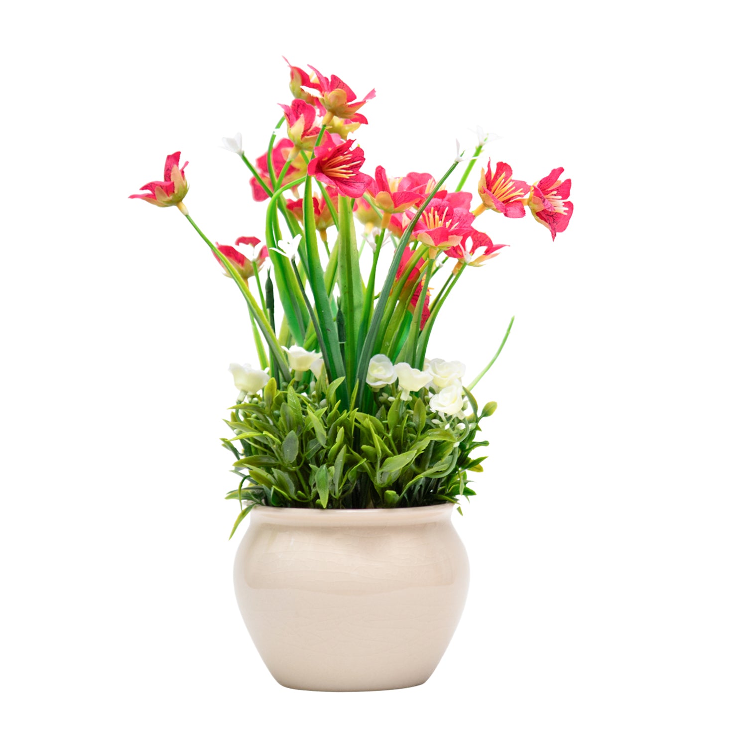 Red Artificial Flower with With Cream Pot