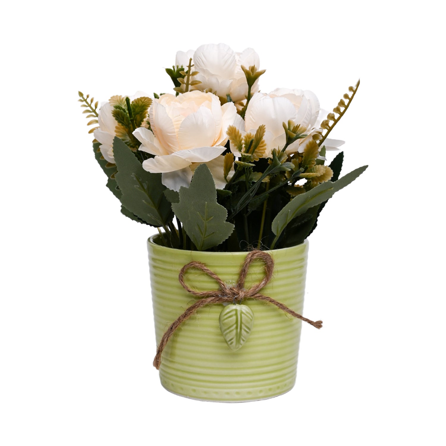 Pink Rose Fake Flowers With Light Green Pot