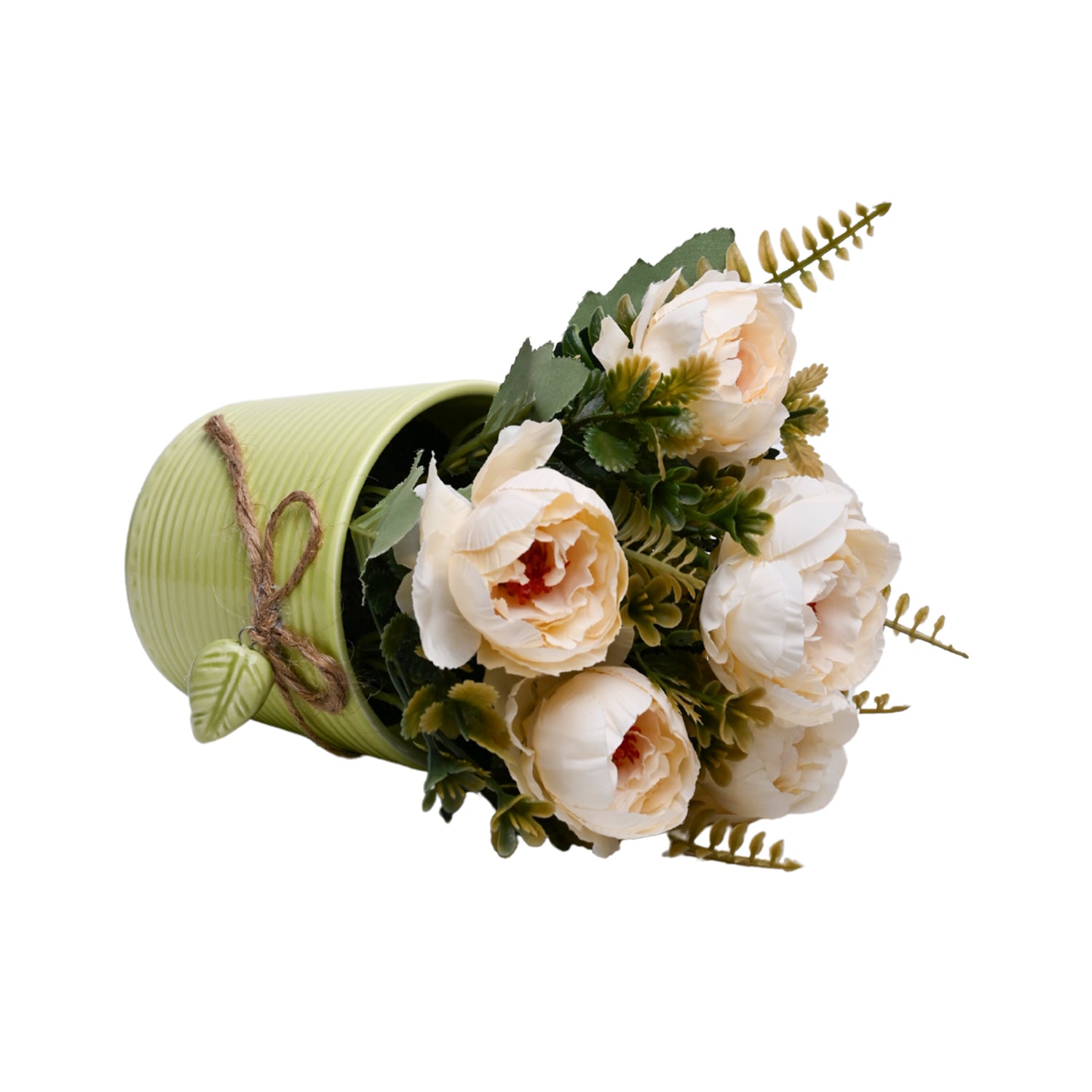 Pink Rose Fake Flowers With Light Green Pot