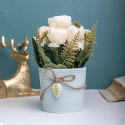 Pink Rose Fake Flowers With Light Blue Pot