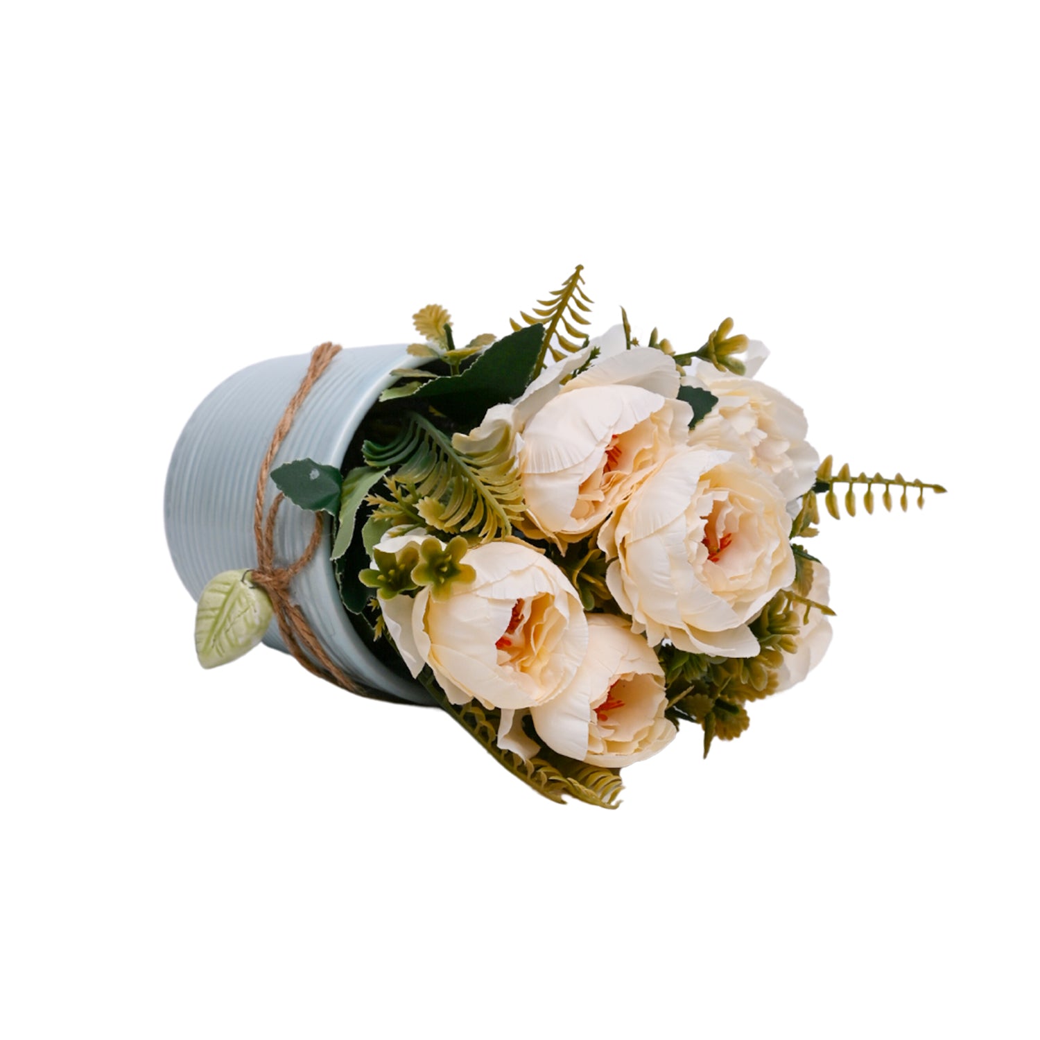 Pink Rose Fake Flowers With Light Blue Pot