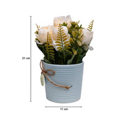 Pink Rose Fake Flowers With Light Blue Pot