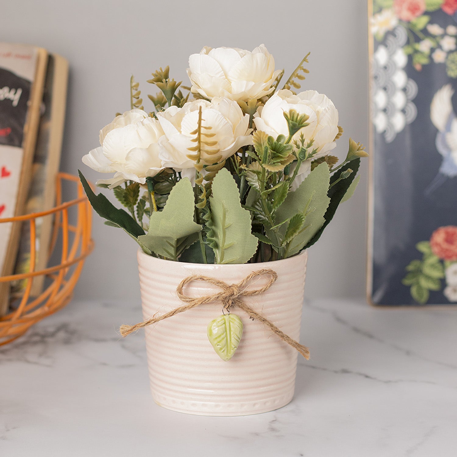Rose Fake Flowers With Light Pink Pot
