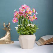 Pink Rose Fake Flowers With Cream Pot