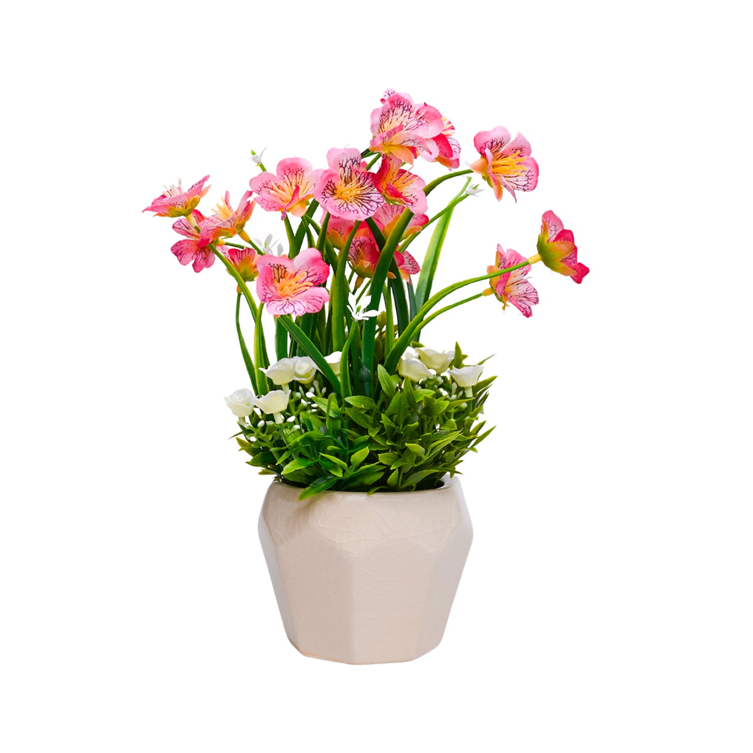 Pink Rose Fake Flowers With Cream Pot