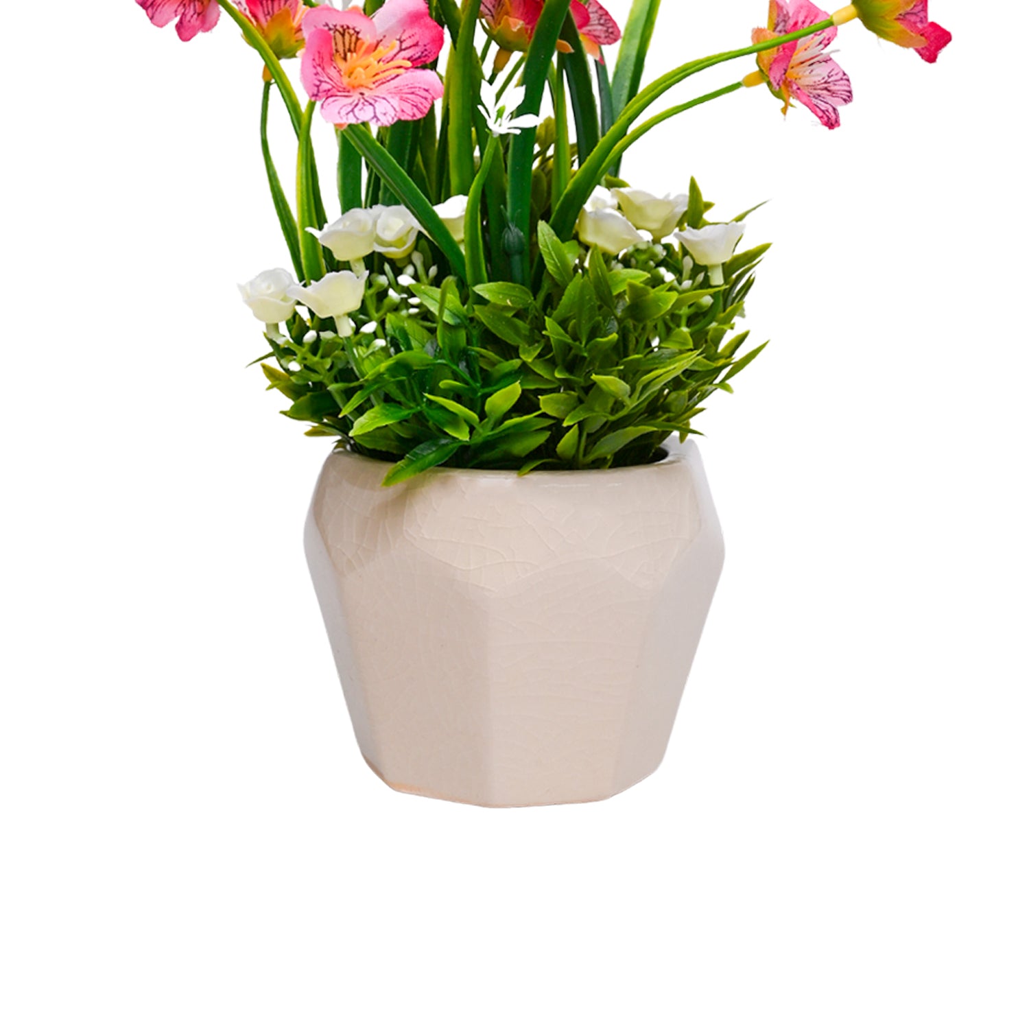 Pink Rose Fake Flowers With Cream Pot