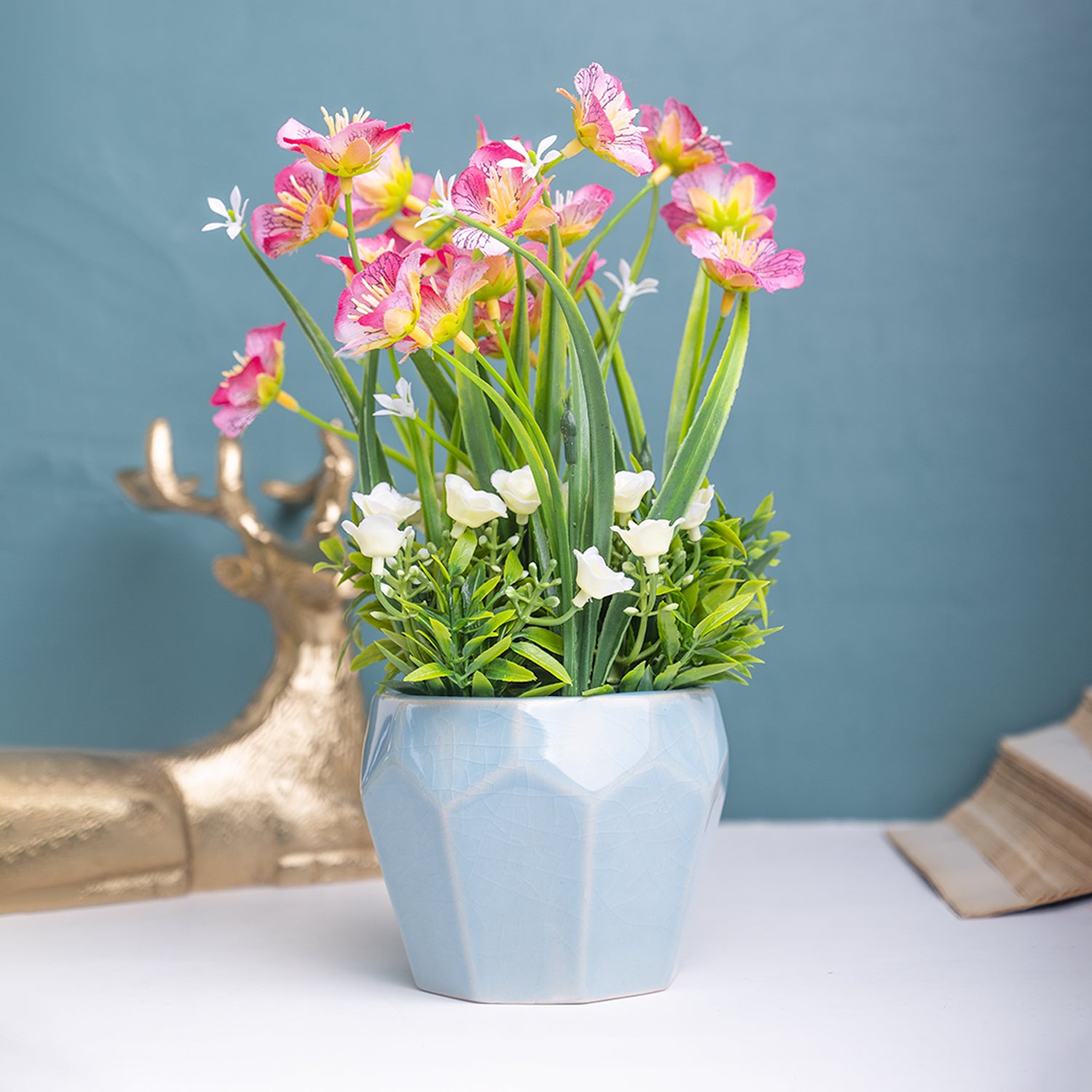 Pink Rose Fake Flowers With Sky Blue Pot