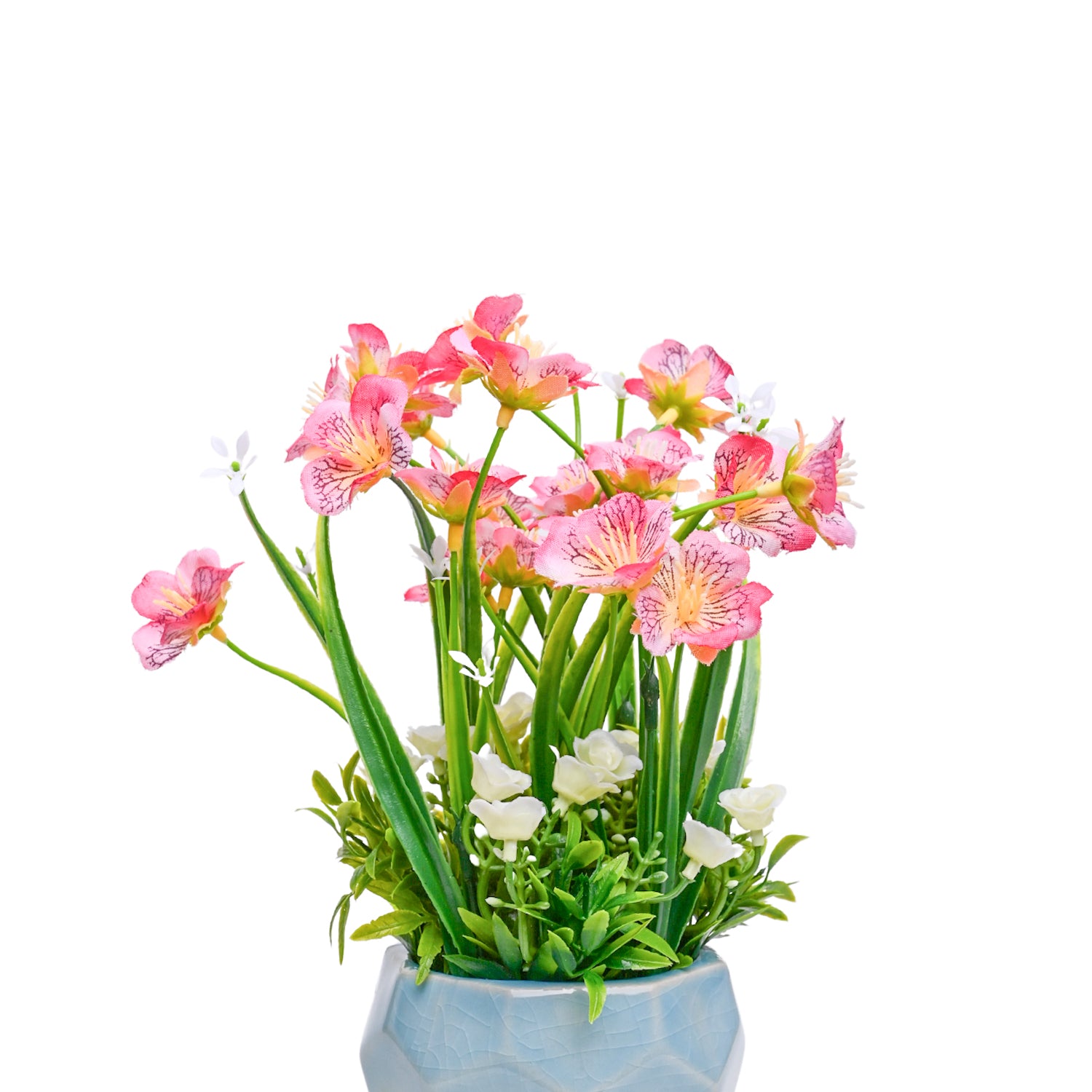 Pink Rose Fake Flowers With Sky Blue Pot