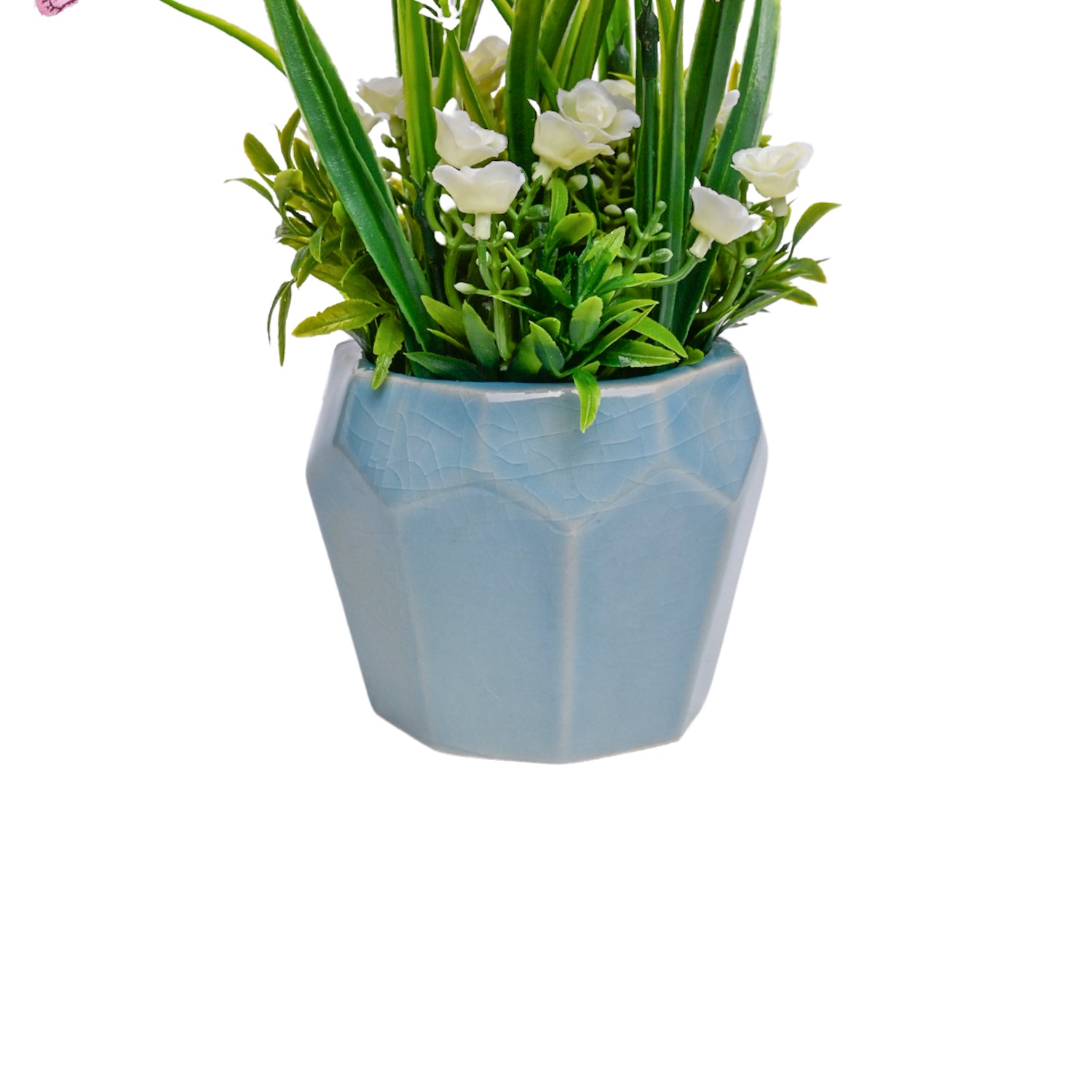 Pink Rose Fake Flowers With Sky Blue Pot