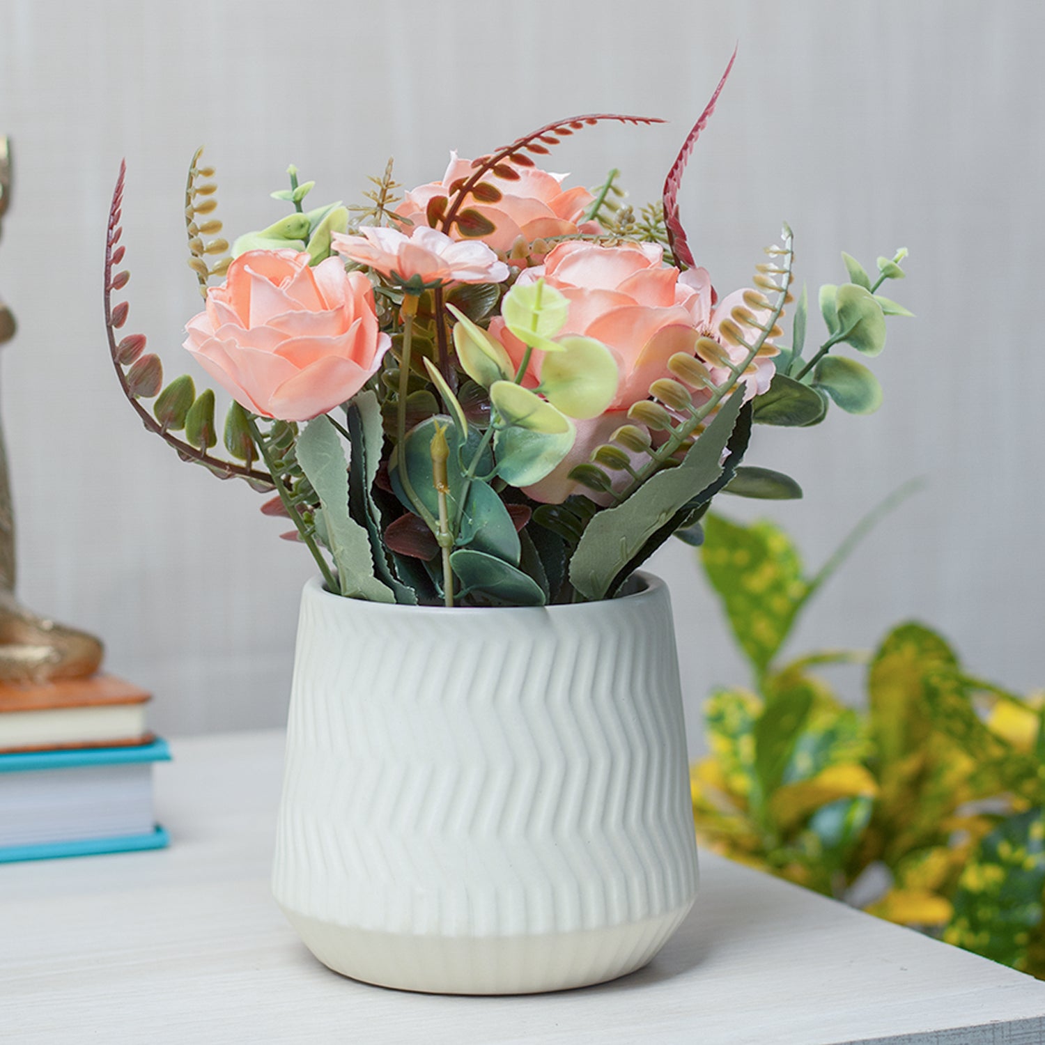Pink Rose Fake Flowers With Ivory Pot