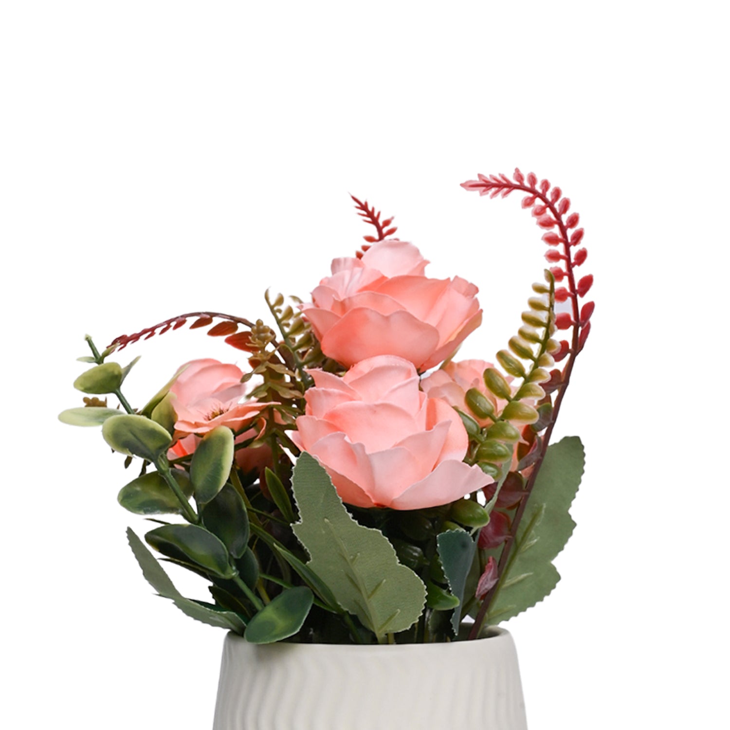 Pink Rose Fake Flowers With Ivory Pot