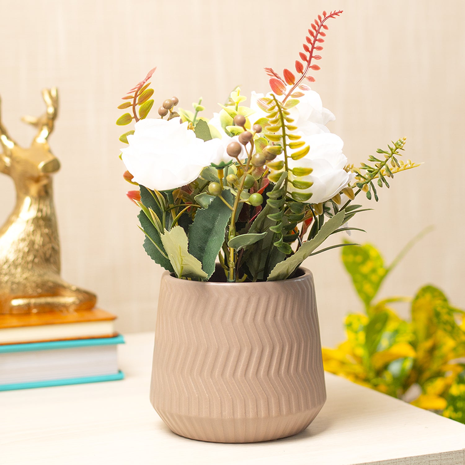 Pink Rose Fake Flowers With Brown Pot