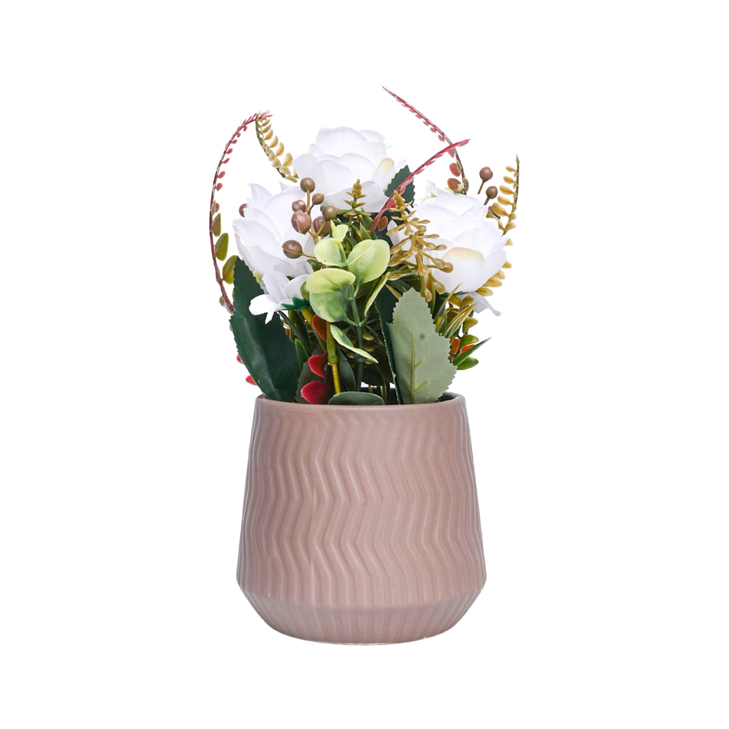 Pink Rose Fake Flowers With Brown Pot