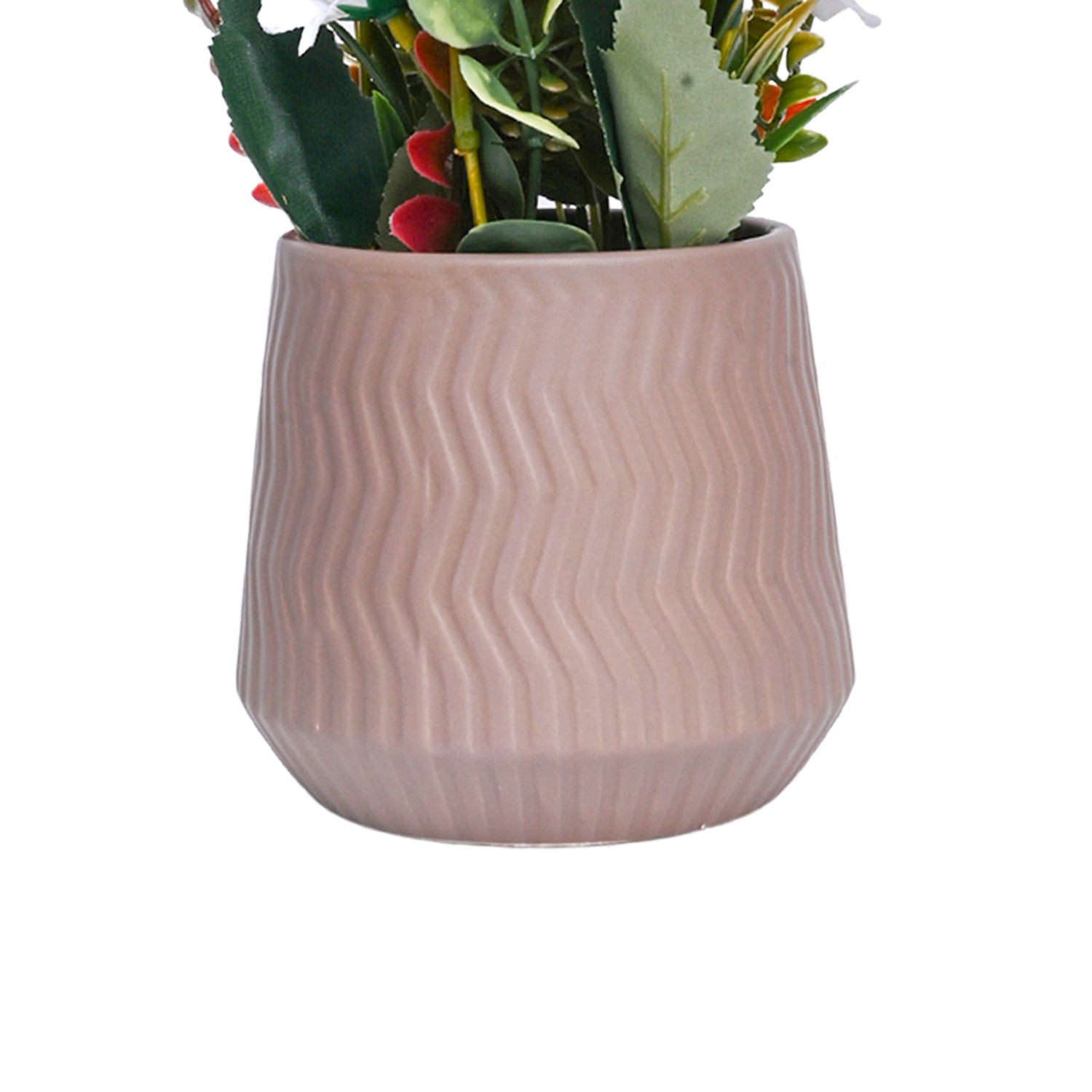 Pink Rose Fake Flowers With Brown Pot