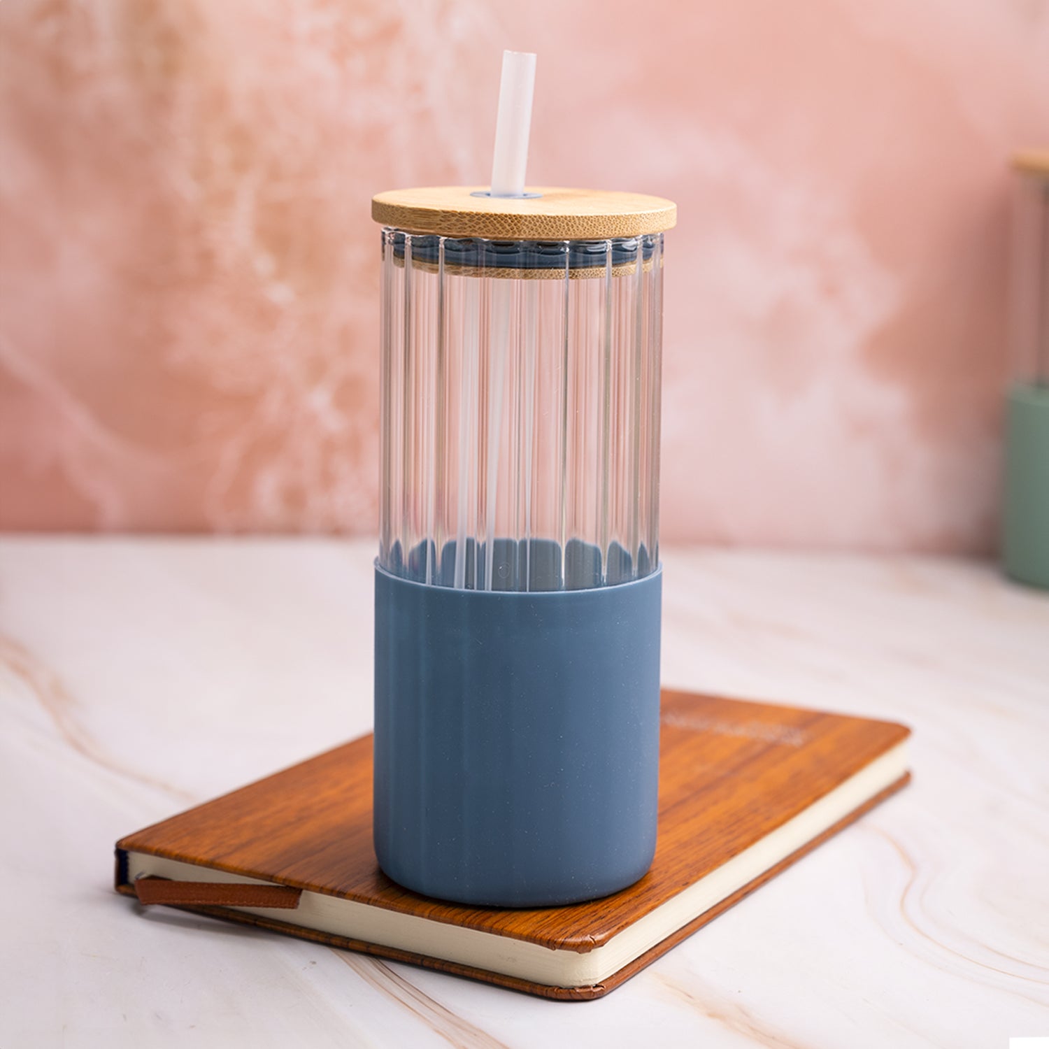Borosilicate Glass Tumbler with Blue Silicone Sleeve - 350Ml