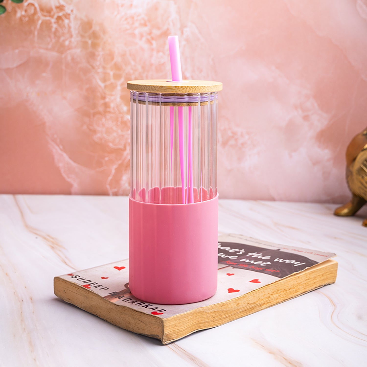 Borosilicate Glass Tumbler with Pink Silicone Sleeve - 350Ml