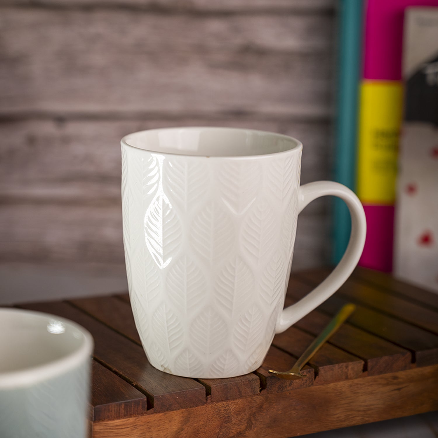 Ivory Ceramic Mug - 360Ml, Leaf Pattern