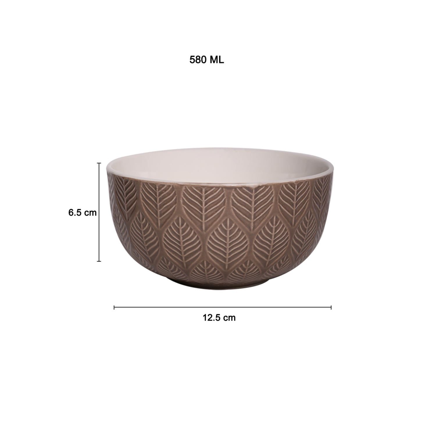 Beige Ceramic Bowl - 580Ml, Leaf Pattern