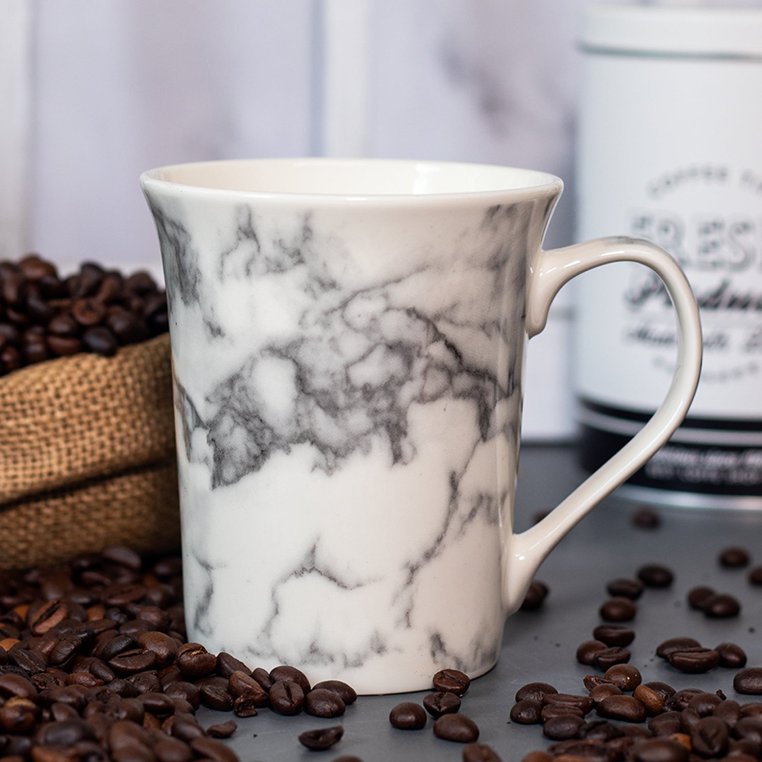 Off White & Grey Coffee Mug - 380 Ml, Marble Finish