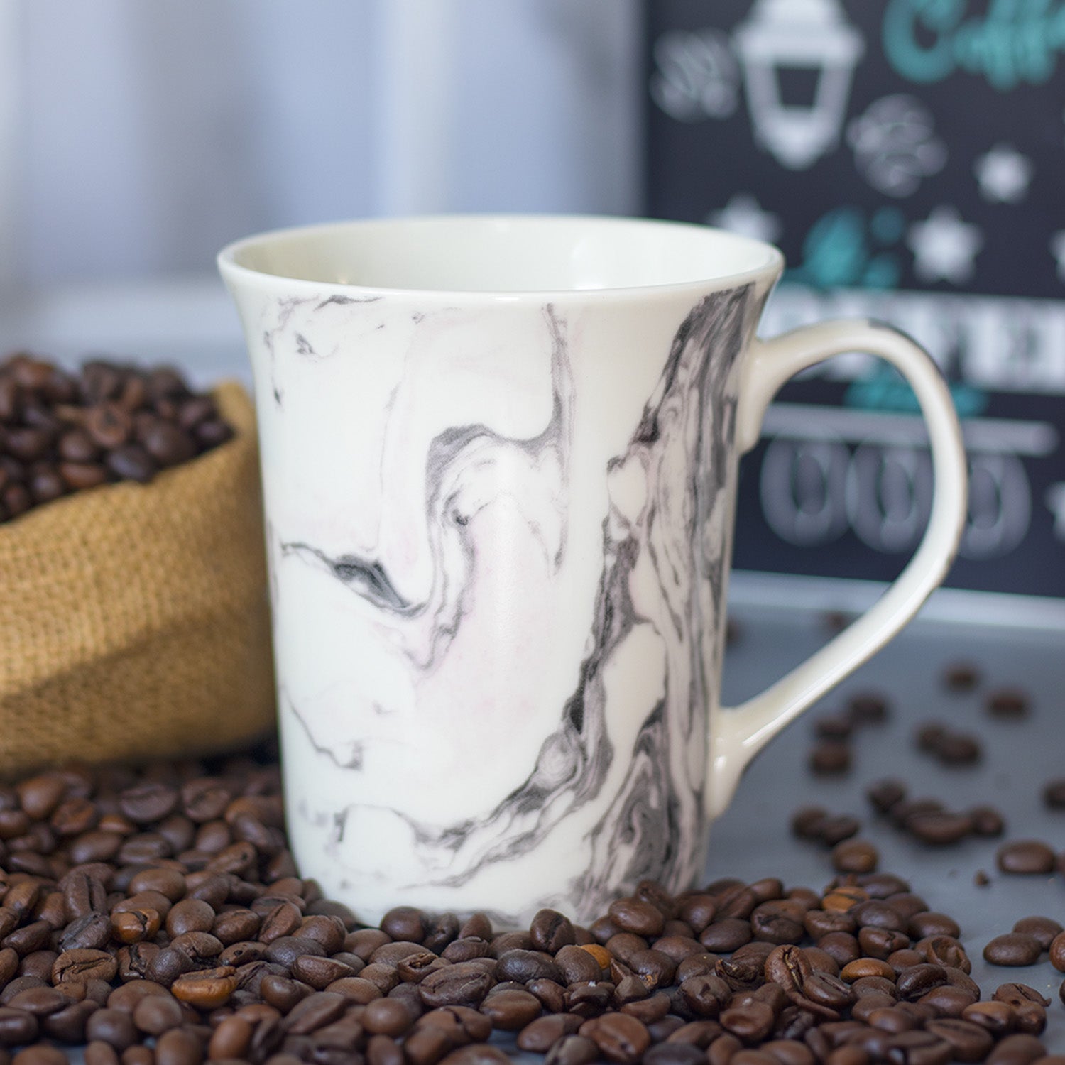 White Coffee Mug - 380 Ml, Marble Finish