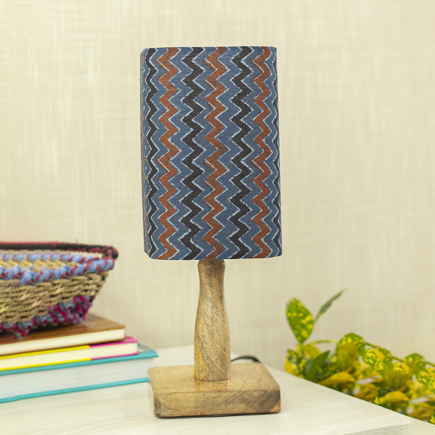 Wooden Table Lamp With Zig Zag Print Shade