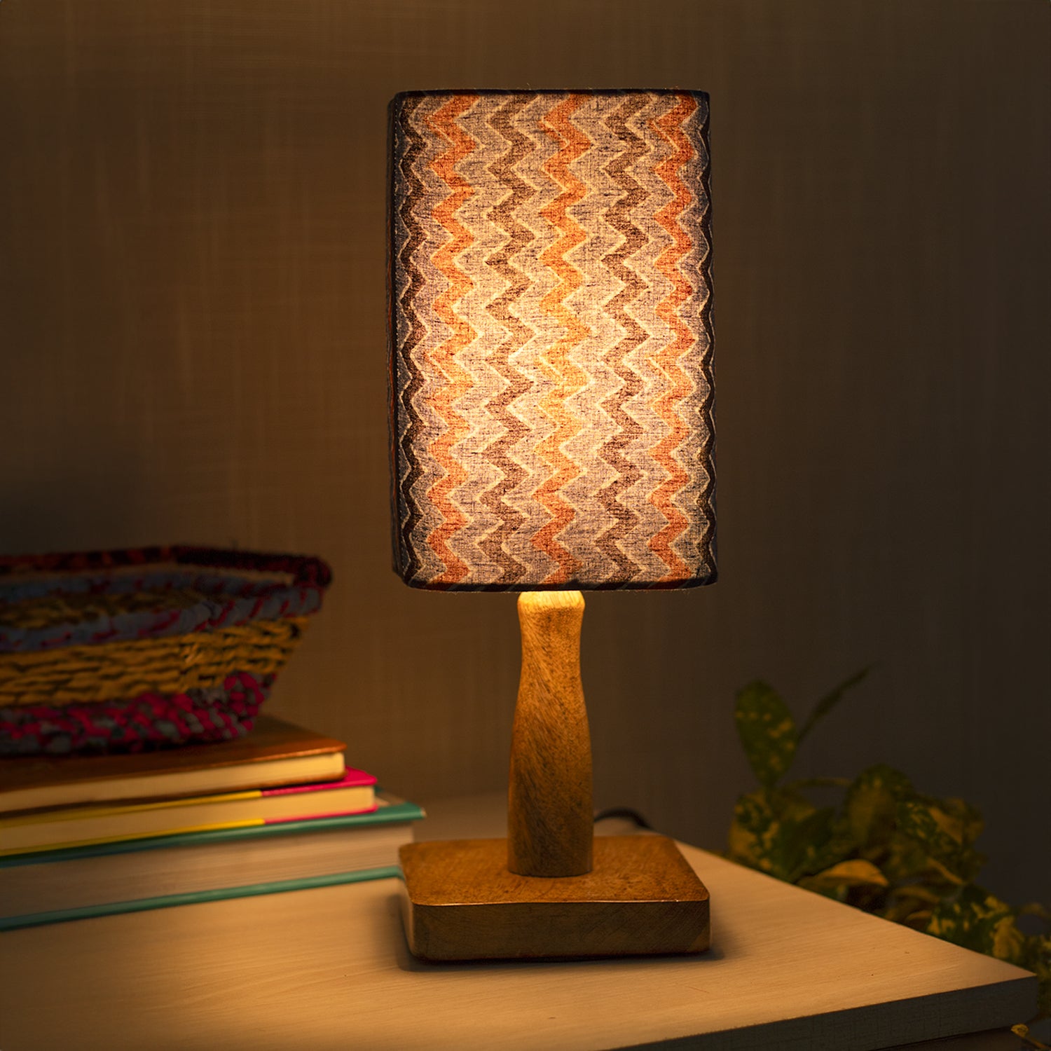 Wooden Table Lamp With Zig Zag Print Shade